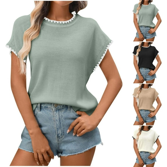 Sexlip Women's Ribbed Sweater Crew Neck Short Sleeve Loose Fit Floral Knit Pullover Tops Spring Summer Clothes Black L