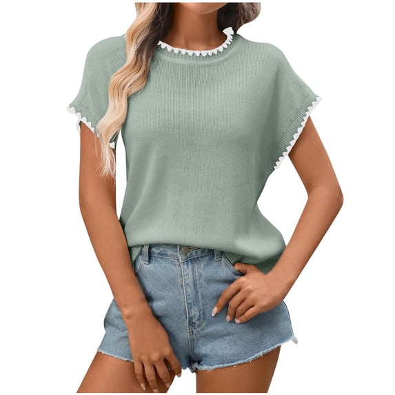 Sexlip Women's Ribbed Sweater Crew Neck Short Sleeve Loose Fit Floral Knit Pullover Tops Spring Summer Clothes Green S