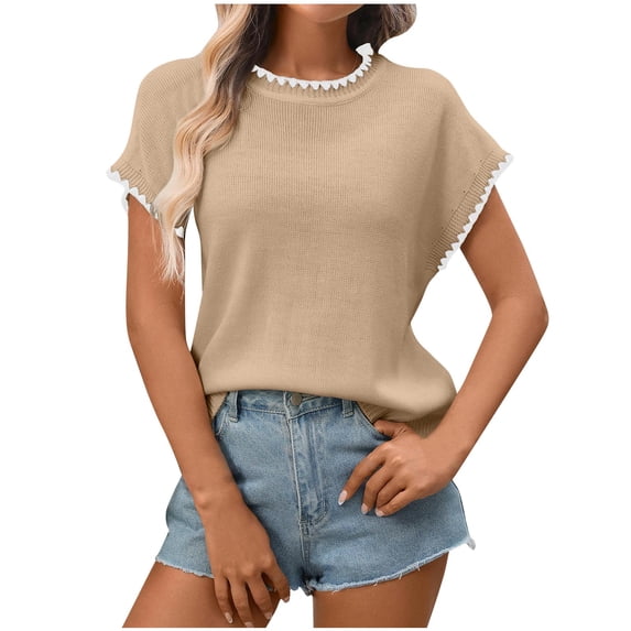 Sexlip Women's Ribbed Sweater Crew Neck Short Sleeve Loose Fit Floral Knit Pullover Tops Spring Summer Clothes Yellow S