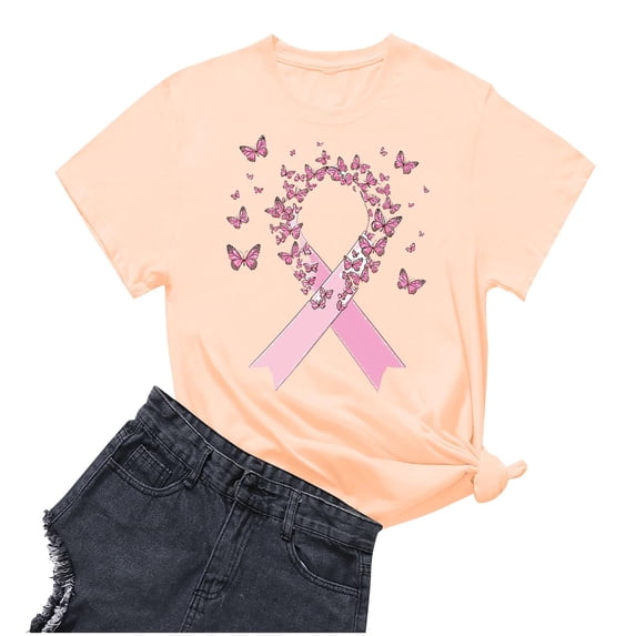 Sexlip Women's Ribbon Print Short Sleeve T Shirt Meaningful Design Soft Fabric Daily Casual Wear Beige XL
