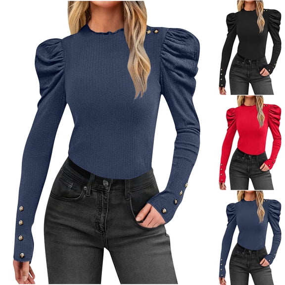 Sexlip Women's Ruffled Long Sleeve Shirts Dressy Fall Winter Going Out Tops Casual Round Neck Ribbed Ruched Y2K Clothes Black L
