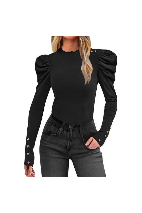 Women's Ruffled Long Sleeve Shirts Dressy Fall Winter Going Out Tops Casual Round Neck Ribbed Ruched Y2K Clothes Black M