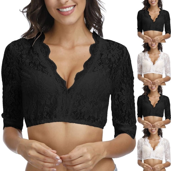 Sexlip Women's Scalloped Edge Cropped Short Sleeve Top Stylish Design Soft Fabric Daily Casual Wear Black L