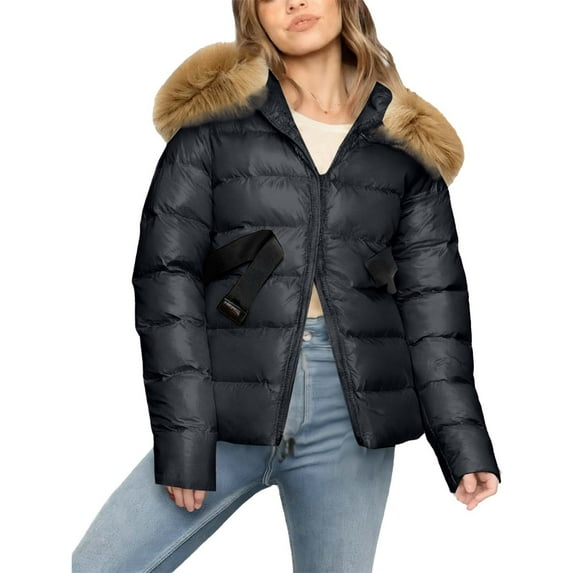 Sexlip Women's Shiny Puffer Coat with Detachable Faux Fur Collar Hooded Winter Casual Fashion Down Jacket Gray XXS