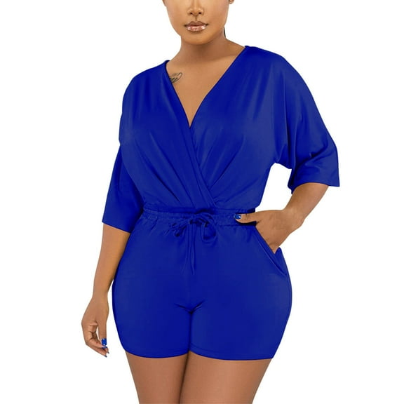 Sexlip Women's Short Sleeve Loose Romper Shorts Elastic Waist Comfortable Material Relaxed Cut Street Casual Outfit Blue XXL