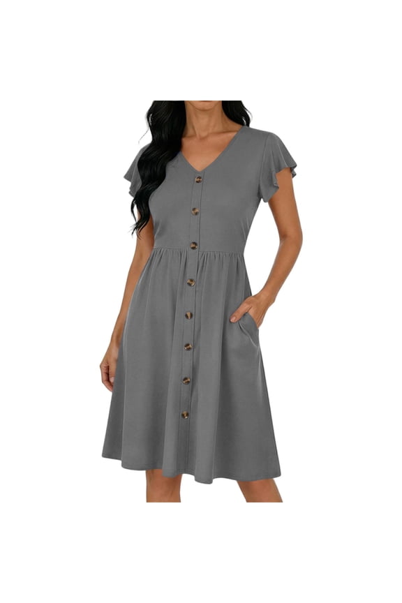 Women's Solid Color Short Sleeved V-Neck Loose And Comfortable Short Nightgown Gray S