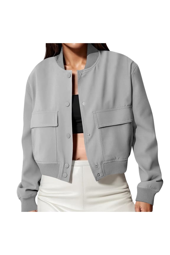 Women's Solid V-Neck Bomber Jacket Long Sleeve Single Breasted Coat with Pockets for Autumn Winter Fashion Gray L