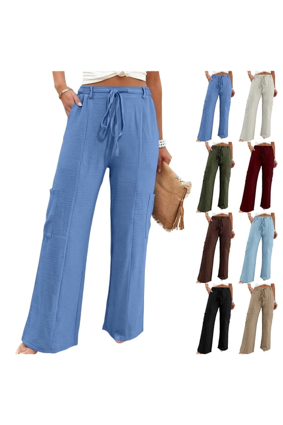 Women's Straight Leg Pants All Season loose fit straight fit drawstring waist solid color with pockets casual Black L