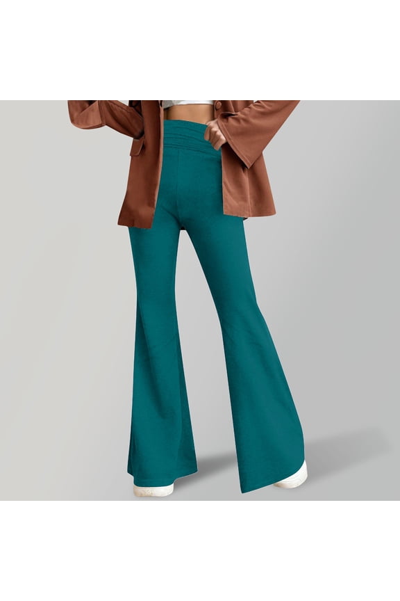 Women's Stretchy Wide Leg High Waist Bell Bottom Flare Pants with Plus Size Blue XS