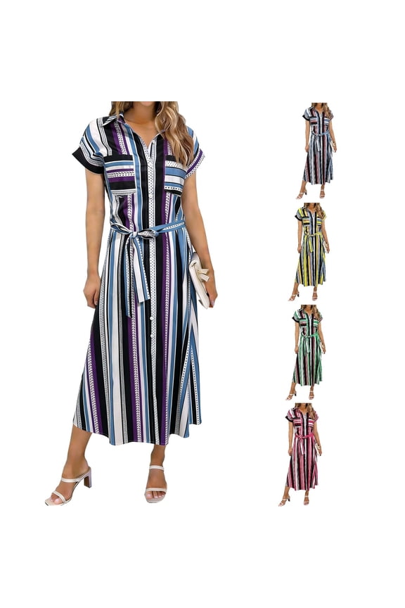 Women's Striped Shirt Collar Dress Blue L