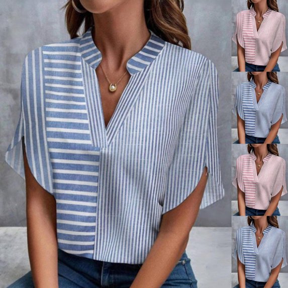 Sexlip Women's Striped V Neck Cape Sleeve Top Stylish Design Soft Fabric Daily Casual Wear Blue L