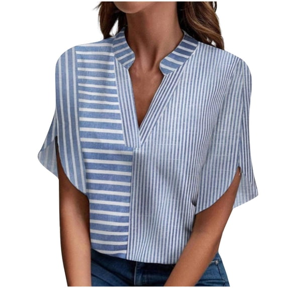 Sexlip Women's Striped V Neck Cape Sleeve Top Stylish Design Soft Fabric Daily Casual Wear Blue XXL