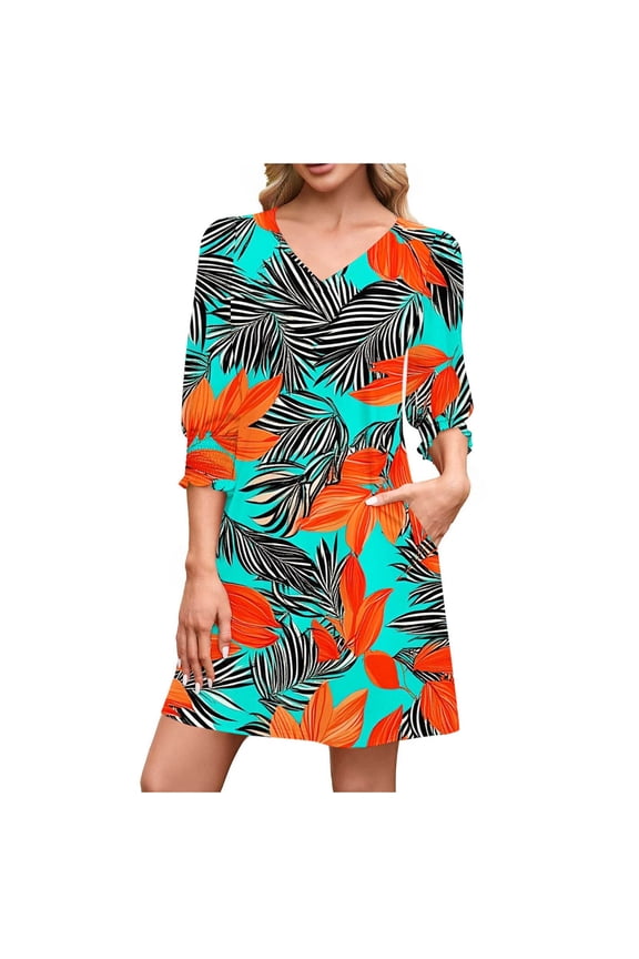 Women's Summer Dresses 3/4 Puff Sleeve Casual Sundress Dress with Pockets Beach Vacation Fashion Red M