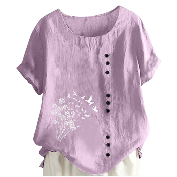 Sexlip Women's Summer Tops Casual Cotton Linen T Shirts Short Sleeve Round Neck Shirt Oversized Floral Graphic Tees Purple M