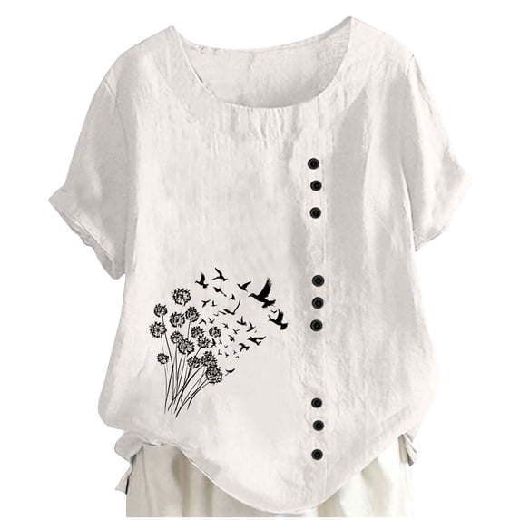 Sexlip Women's Summer Tops Casual Cotton Linen T Shirts Short Sleeve Round Neck Shirt Oversized Floral Graphic Tees White XXL