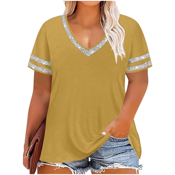 Sexlip Women's T-Shirt Summer V-Neck Short Sleeve Loose Fit Great for Layering Comfortable Wear Suitable for Spring Weather Gold L