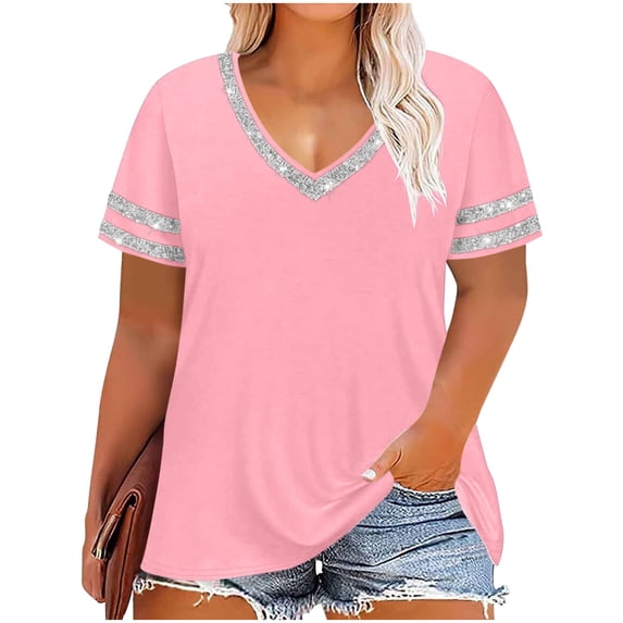 Sexlip Women's T-Shirt Summer V-Neck Short Sleeve Loose Fit Great for Layering Comfortable Wear Suitable for Spring Weather Pink XXXXL