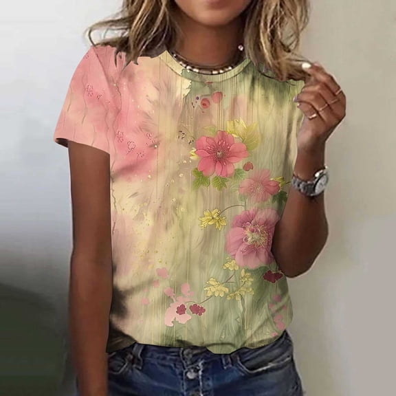 Sexlip Women's Tie-Dye Floral Short Sleeve T Shirt Artistic Design Soft Fabric Daily Casual Wear Multicolor L