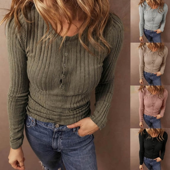 Sexlip Women's Tops Fall Fashion Long Sleeve Crewneck Blouse Slim Fit Textured Basic Knit T Shirt Y2k Clothes Green L