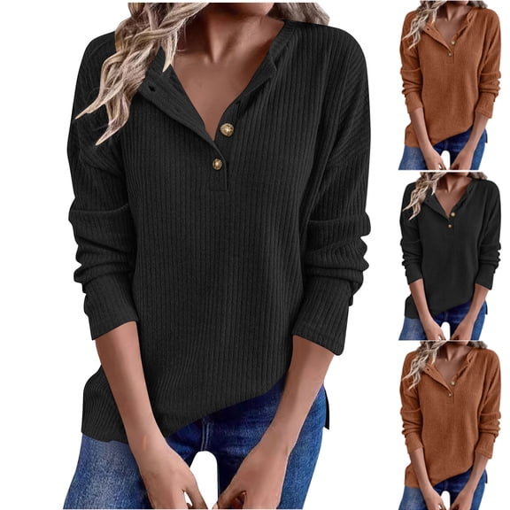Sexlip Women's Trendy Half Button Down Shirt Casual V Neck Sweatshirt Oversized Long Sleeve Ribbed Pullover Tops Black L