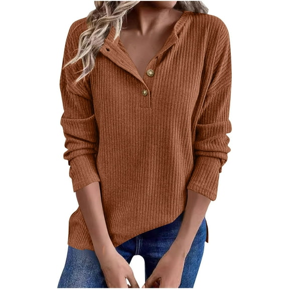 Sexlip Women's Trendy Half Button Down Shirt Casual V Neck Sweatshirt Oversized Long Sleeve Ribbed Pullover Tops Brown L