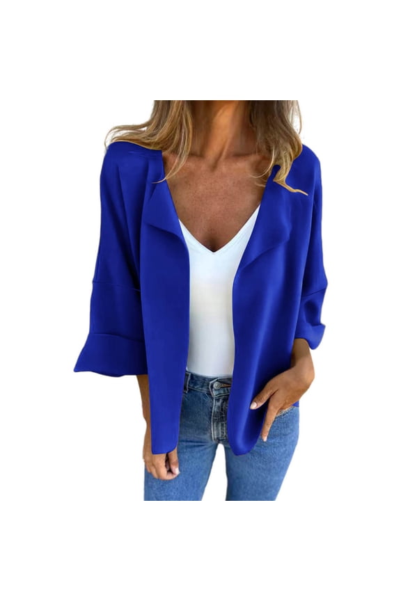 Women's Tweed Plaid Blazer Jacket - Warm Open Front Stand Collar Fully Lined Casual Fashion Work Coat Blue S