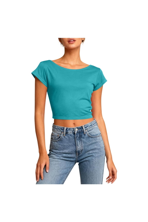 Women's Twist Backless Short Sleeve T Shirts Tops Round Neck Curved Hem Casual Workout Tee Blue S