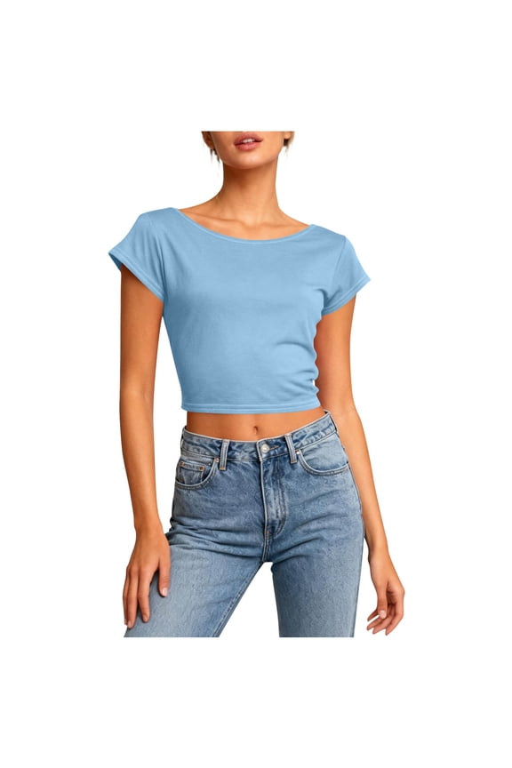 Women's Twist Backless Short Sleeve T Shirts Tops Round Neck Curved Hem Casual Workout Tee Blue XL
