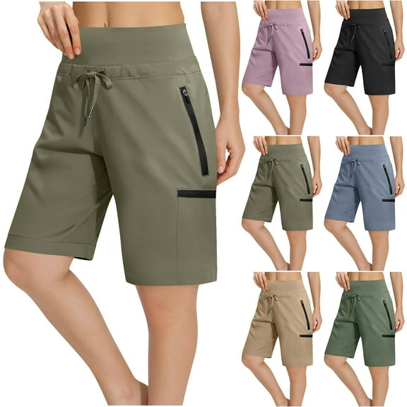 Sexlip Women's Utility Cargo Mid-Length Shorts Side Pocket Detail Elastic Waist Durable Fabric Outdoor Travel Wear Green L
