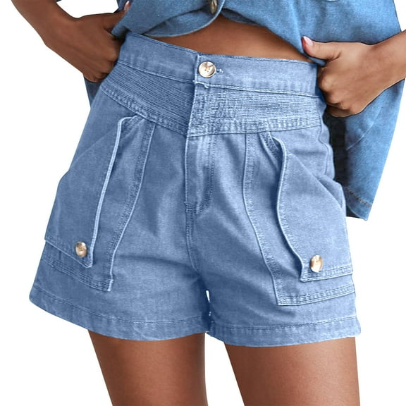 Sexlip Women's Utility Metal Button Denim Shorts High Waist Durable Fabric Pocket Detail Daily Outdoor Casual Outfit Blue M