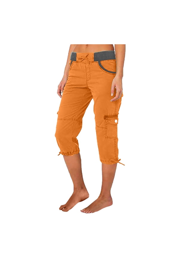 Women's Utility Pocket Cargo Capri Pants Elastic Waist Durable Fabric Outdoor Casual Hangout Wear Orange M