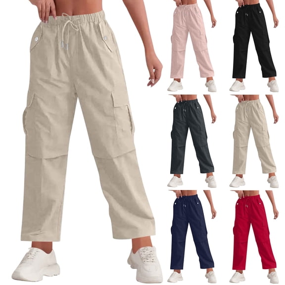 Sexlip Women's Utility Pocket Cuffed Cargo Pants Elastic Waist Durable Fabric Outdoor Casual Hangout Wear Black L