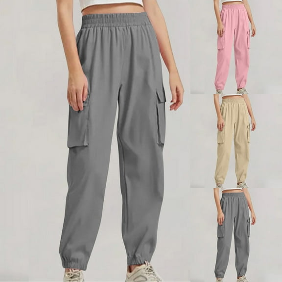 Sexlip Women's Utility Pocket Cuffed Pants Elastic Waist Durable Fabric Relaxed Silhouette Outdoor Casual Wear Gray L