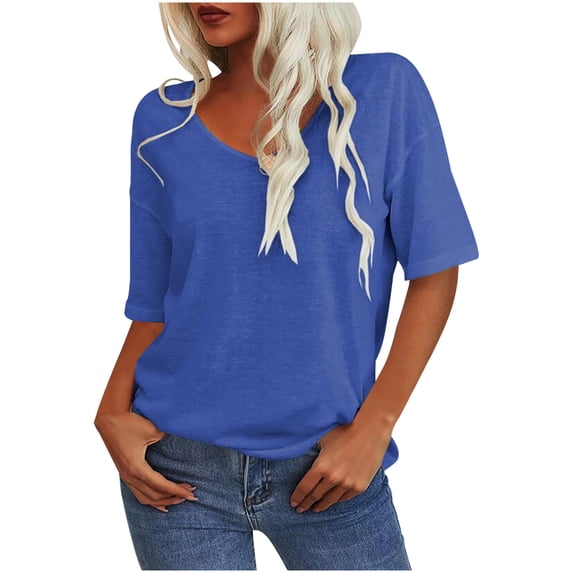 Sexlip Women's V Neck Short Sleeve Loose Top Comfortable Fabric Stylish Design Daily Casual Wear Blue XXL