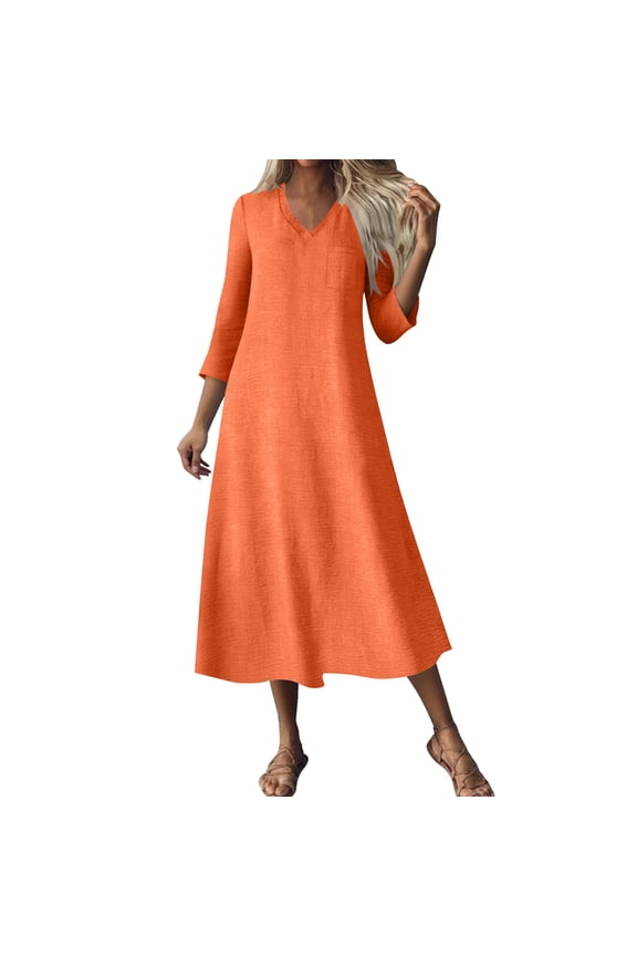 Women's V-Neck Solid-Color Casual Three-Quarter Sleeve Zipper Pocket Dress Orange XXL