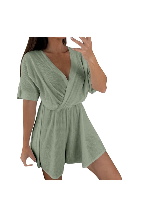 Women's V-Neck Wrap Romper Shorts Belt Detail Short Sleeve Soft Fabric Daily Hangout Vacation Wear Green XXL