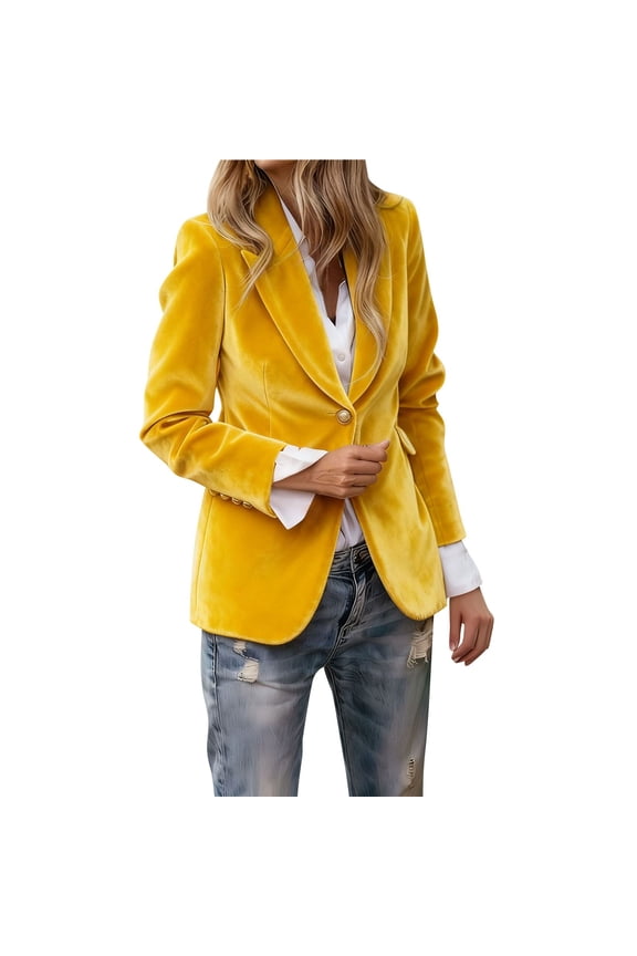 Women's Velvet Blazer Suit Jackets Business Casual Button Up Fall Winter Outerwear Work Office Coats Yellow M