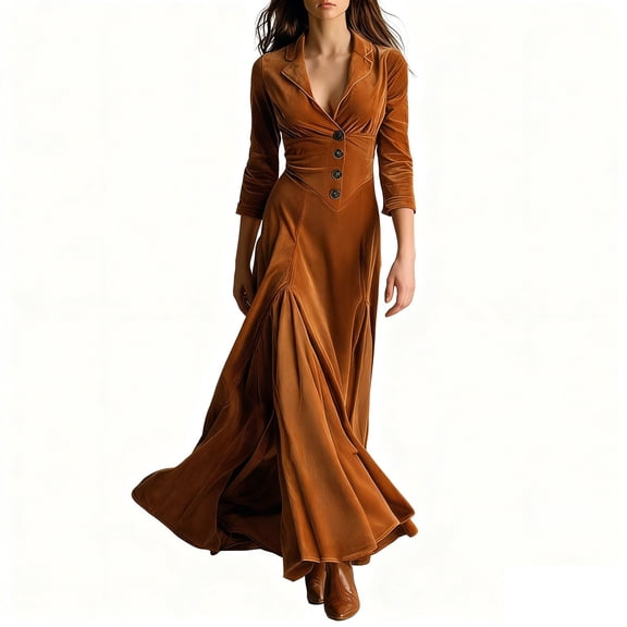 Sexlip Women's Vintage Western Maxi Velvet Dress Semi Formal Elegant Crop Sleeve Ruched Slim Prom Long Dress Brown M