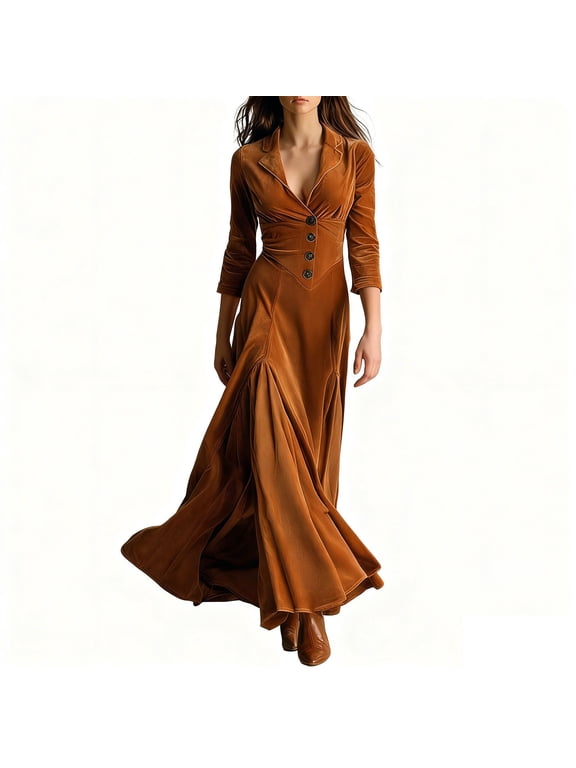 Women's Vintage Western Maxi Velvet Dress Semi Formal Elegant Crop Sleeve Ruched Slim Prom Long Dress Brown XL