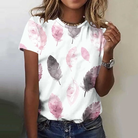 Sexlip Women's White Feather Printed Short Sleeve Top Elegant Design Soft Fabric Daily Casual Wear Multicolor L