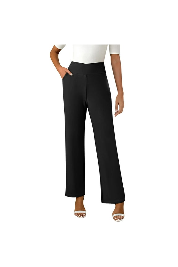 Women's Wide Leg Dress Pants High Waisted Stretchy Work Trousers Business Casual Office Pull on Slacks with Pockets Black M