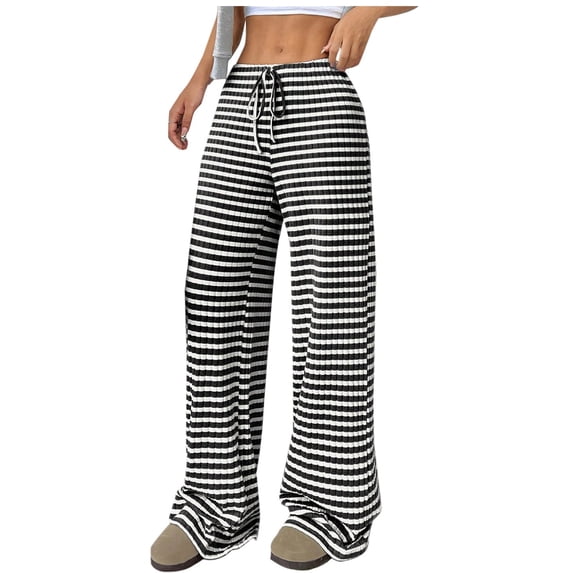 Sexlip Women's Wide Leg Pants Striped Elastic High Waisted Casual Knit Palazzo Pants Drawstring Lounge Pajama Trousers Black S