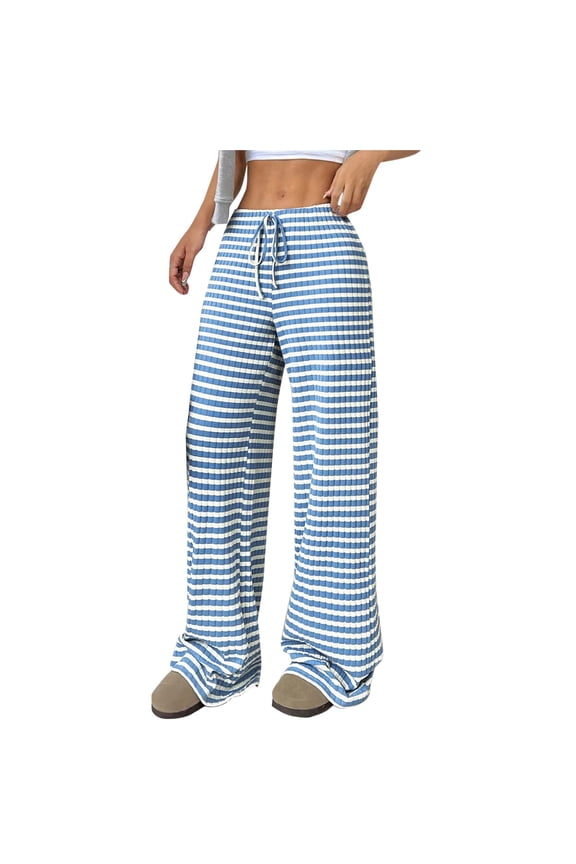 Women's Wide Leg Pants Striped Elastic High Waisted Casual Knit Palazzo Pants Drawstring Lounge Pajama Trousers Blue M