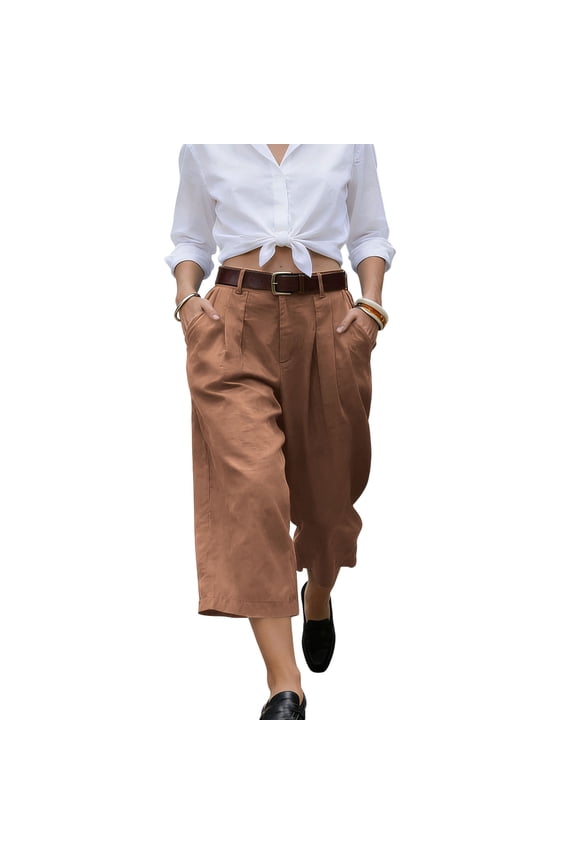 Women's Wide Leg Pants Summer loose fit wide leg high waist solid color casual beach easy to match stretchy and flexible Brown M