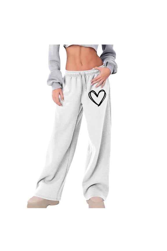 Women's Wide Leg Sweatpants Drawstring High Waist Baggy Track Pants Cute Print Sweatpants with Pockets White S
