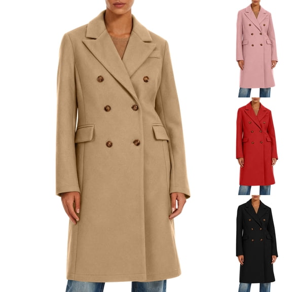 Sexlip Women's Winter Coat Elegant Notched Lapel Double Breasted Trench Coat Black L