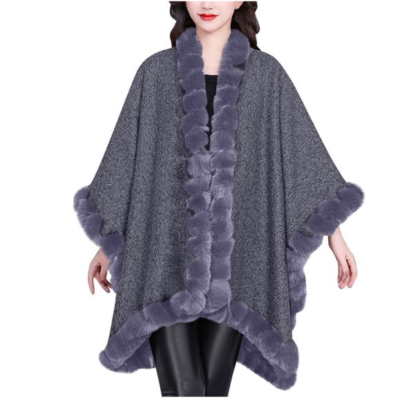 Sexlip Women's Winter Poncho Cape With Faux Fur Trim & Fleece Lining Lightweight hick Open Stitch Loose Fit Cloak Gray Free Size