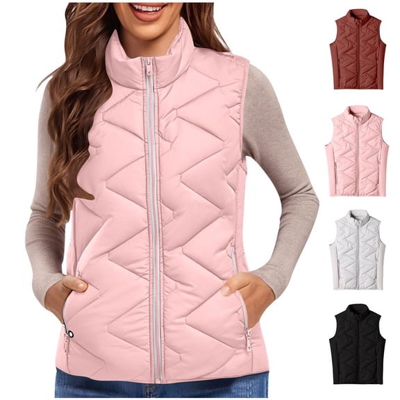 Sexlip Women's Winter Sleeve Puffer Vest Lightweight Zip Padded Gilet Warm Puffy Vest Pocket Coat Cotton Vest Jacket Top Black L