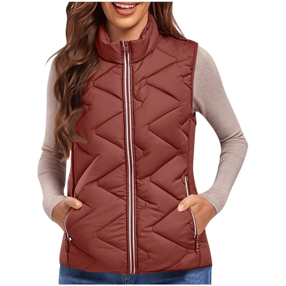 Sexlip Women's Winter Sleeve Puffer Vest Lightweight Zip Padded Gilet Warm Puffy Vest Pocket Coat Cotton Vest Jacket Top Red L