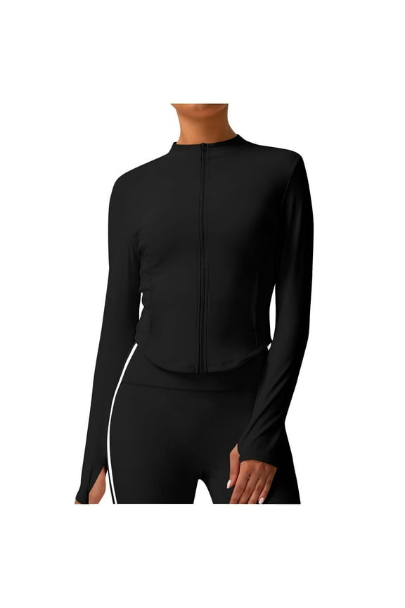 Women's Zip Up Athletic Jackets Cropped Long Sleeve Workout Tops Fall Slim Fitted Yoga Gym Shirts Black S